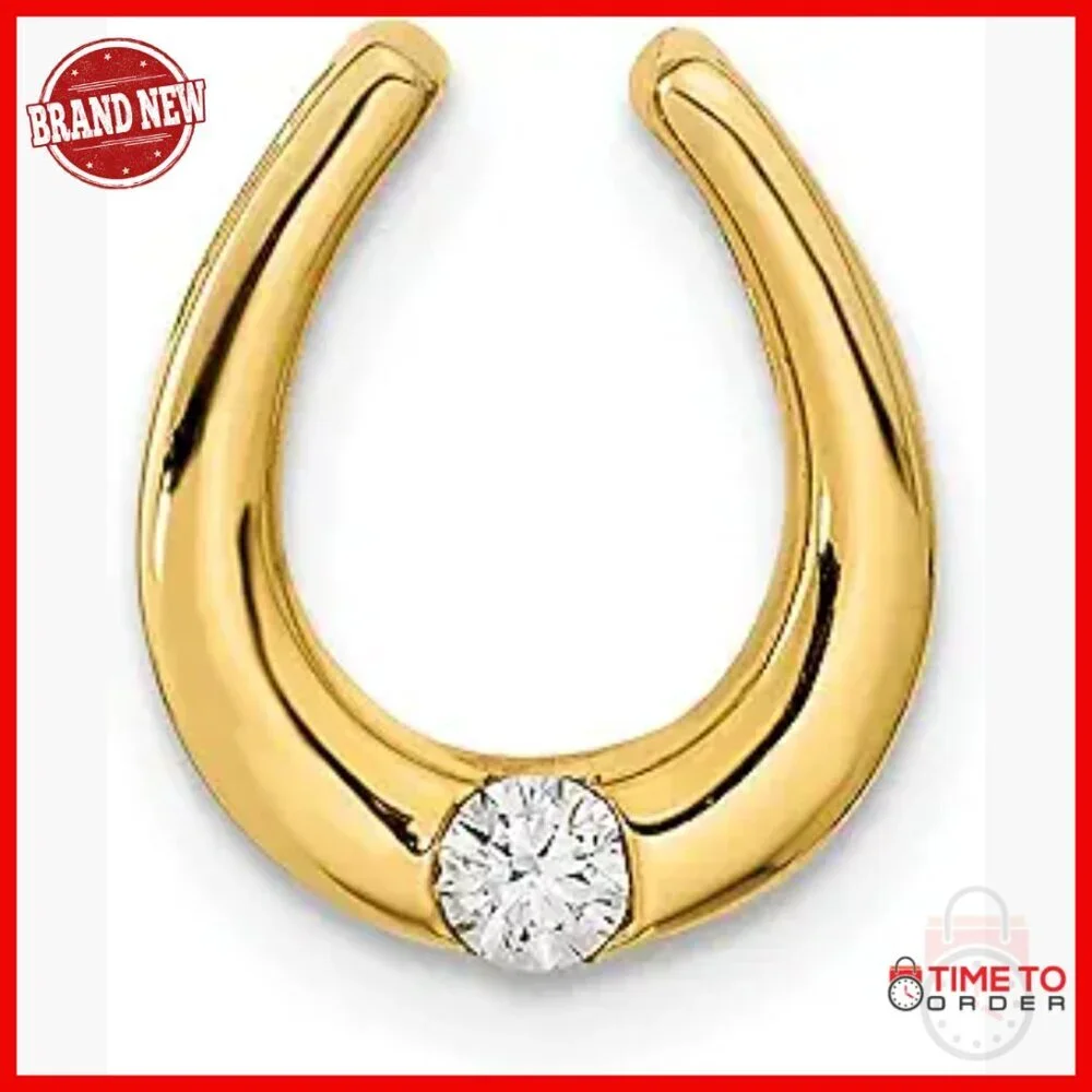 14k Yellow Gold Horseshoe Pendant Necklace with Clear Gemstone, Good Luck Charm